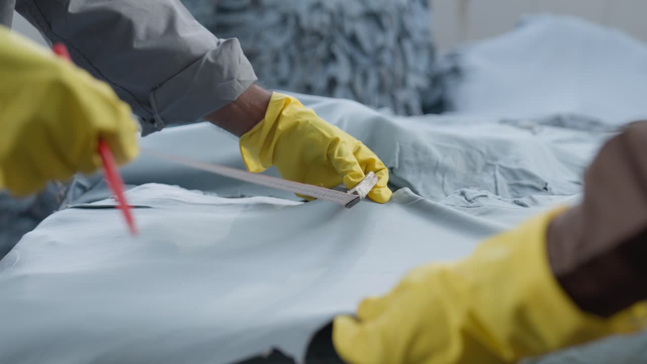 가죽 생산 공장 에서 가죽 을 측정 하는 장갑 을 착용 한 노동자 들 의 근접 촬영