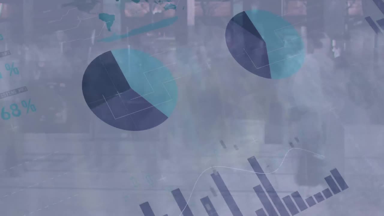 animación de estadísticas y procesamiento de datos sobre una concurrida calle de la ciudad