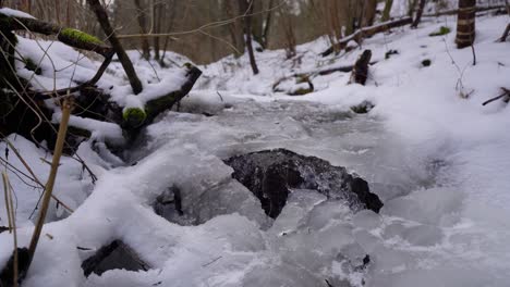 Arroyo-Que-Fluye-Bajo-El-Hielo-En-Un-Bosque-Cubierto-De-Nieve-En-Invierno,-Jib-Up