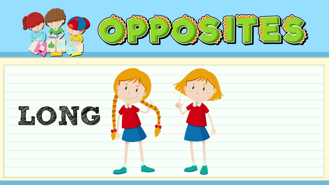 Colorful animation illustrating the concept of opposites with characters showing long and short hair