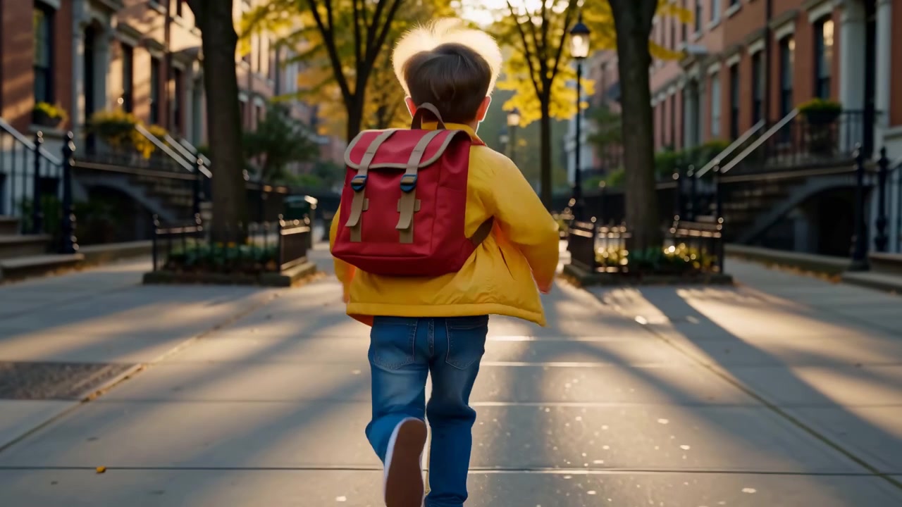 Rear view shows a child moving farther down a broad urban sidewalk between brick homes and iron railings, with autumn trees glowing in low golden sunlight and soft background blur.