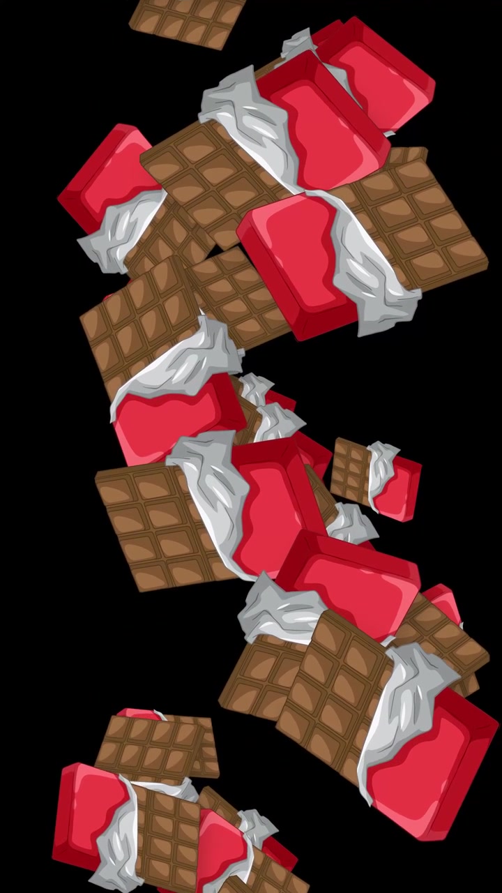 Stylized chocolate bars and red cream-filled treats fall against a solid black background.