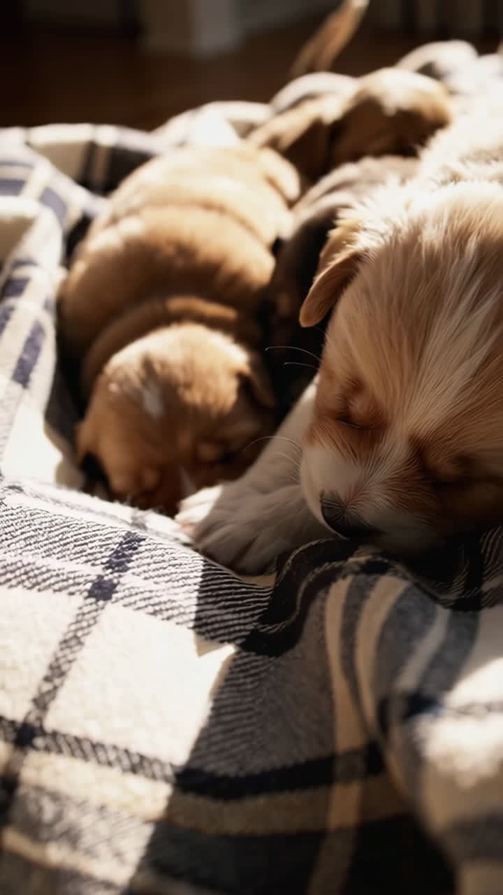 Adorable Newborn Puppies Sleeping on a Plaid Blanket