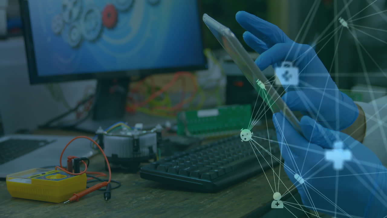 animación de la red de conexiones con iconos sobre científico caucásico usando tableta
