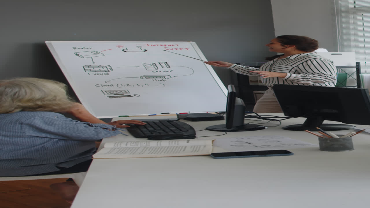 Teacher Giving Lesson to Senior Woman about Computer Components