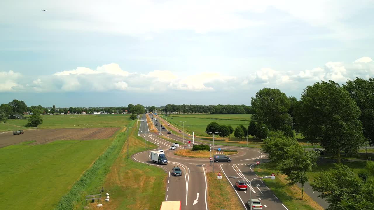 An aerial view of a roundabout in the country side of Castricum, the Netherlands