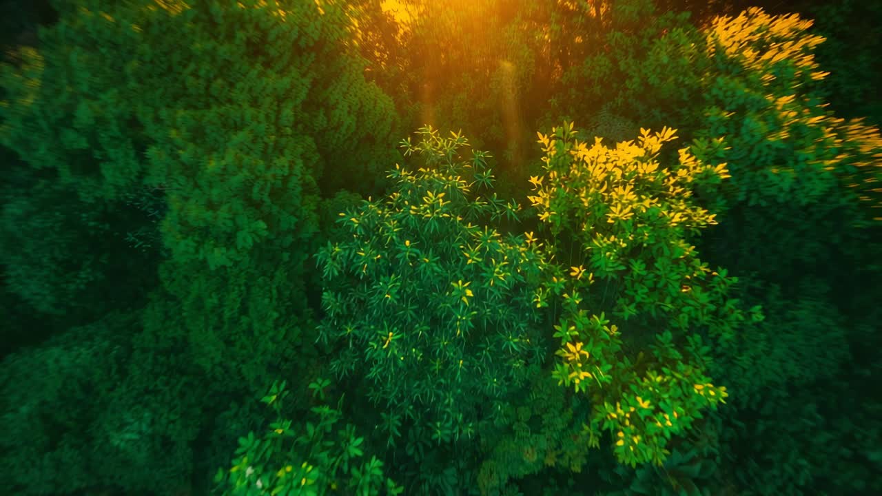 Beginning camera descending over forest canopy, sun rays filtering through tree crowns