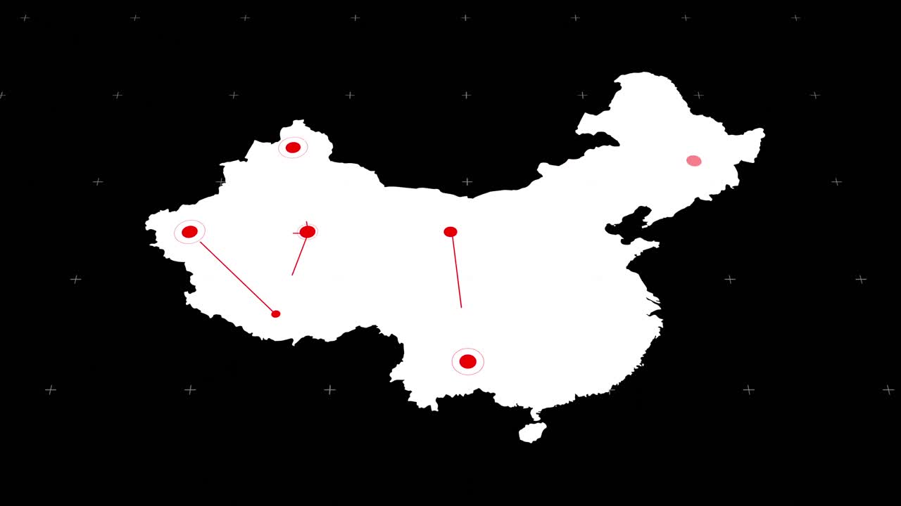 mapa blanco con red roja de puntos conectados en movimiento rápido sobre fondo negro
