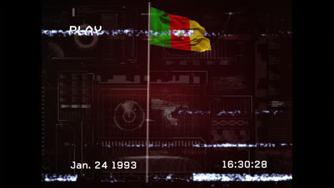 waving cameroon flag over glitchy animation with date and time display