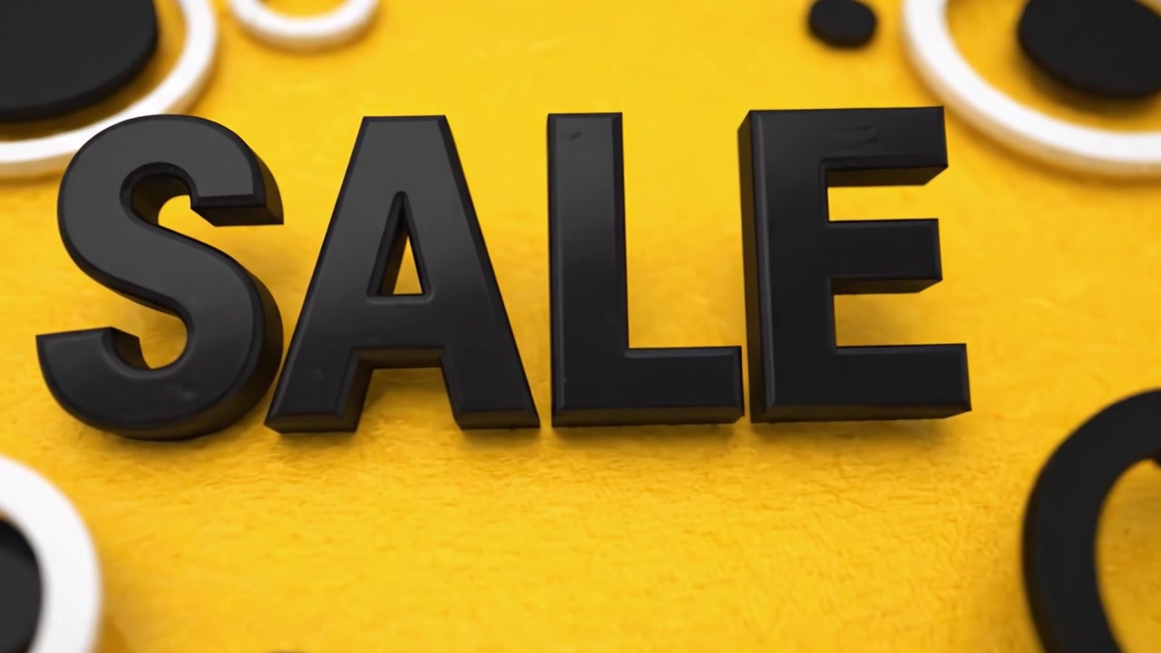 Espositore promozionale colorato per i saldi con audaci lettere 'SALDI' su uno sfondo giallo vivace, circondato da forme e motivi geometrici.