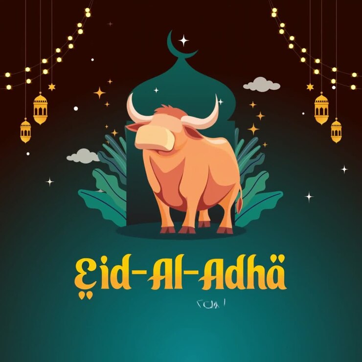 Design di animazione per gli auguri di Eid Al Adha Mubarak, con illustrazione decorativa di una mucca, arco di moschea e luci di lanterne, in celebrazione.