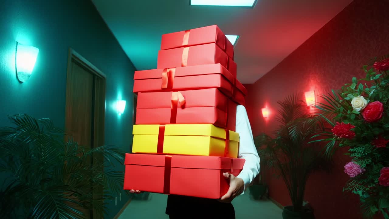 A Figure in a Stylish Hallway Struggles to Carry a Towering Stack of Brightly Wrapped Gift Boxes, Creating a Striking Visual Contrast Against the Artfully Lit Background