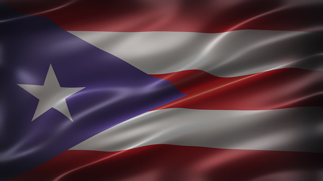 la bandera de puerto rico, vista de fuente, cuadro completo, elegante, brillante, revoloteante, elegante textura sedosa, ondeando en el viento, animación realista de 4k cg, aspecto cinematográfico, con capacidad de bucle sin costuras