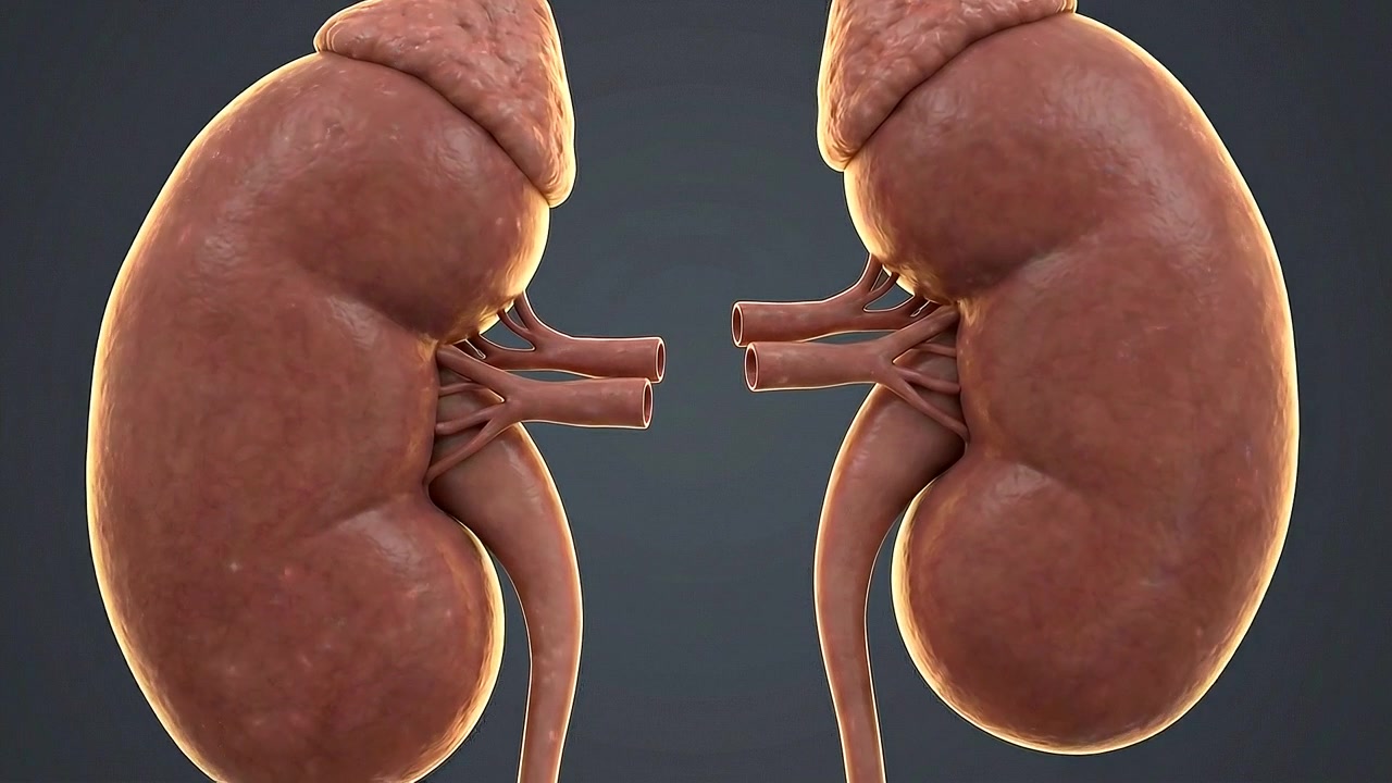 Pair of realistic human kidneys connected by renal vessels and ureters