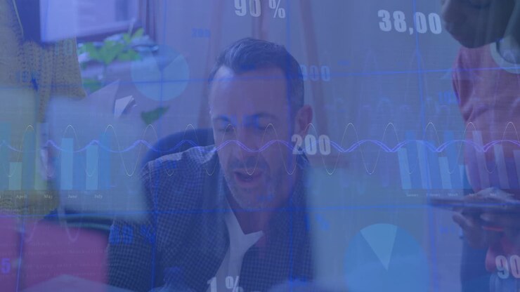 Animation of charts and data processing over diverse colleagues talking at casual office