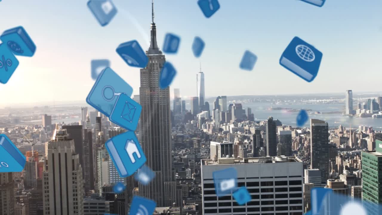 도시 풍경 위의 미디어 아이콘의 애니메이션