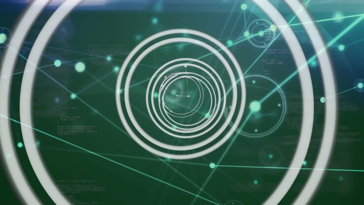 Animation of white circles and network of connections on green background
