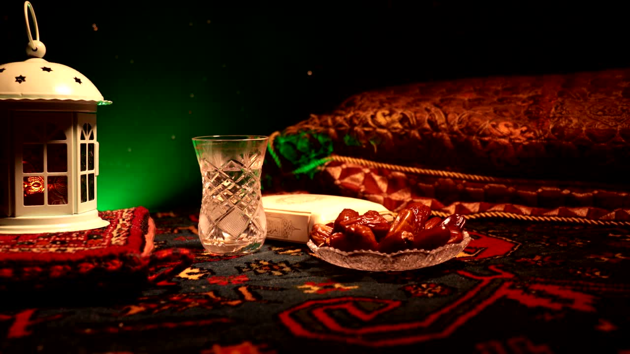 이프타르는 저녁 식사입니다. 장식의 슬라이더 뷰 라마단 카림 휴일 축제 축하 카드, 무슬림의 거룩한 달 라마단의 카림에 대한 초대. 어두운 배경. 선택적 초점