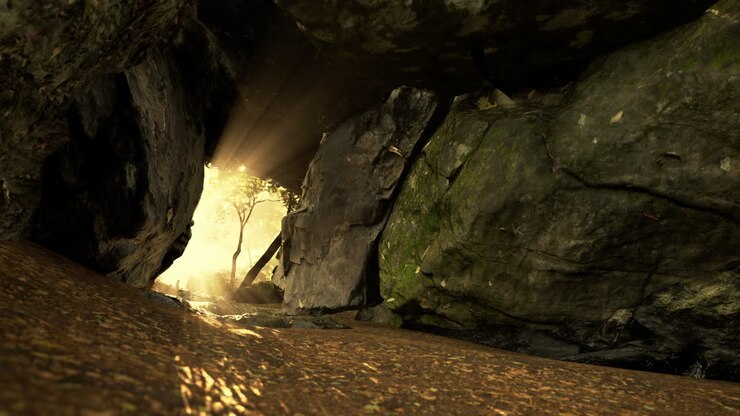 Sunlight Streaming Through a Rocky Cave