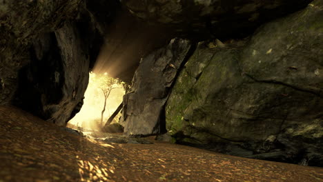 sunlight streaming through a rocky cave