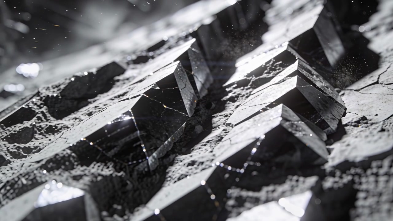 Pulling back camera revealing dark metal faceted blocks on cracked ground revealing dust and cracks