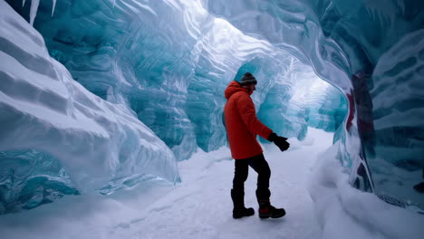 man exploring a vibrant blue glacier ice cave