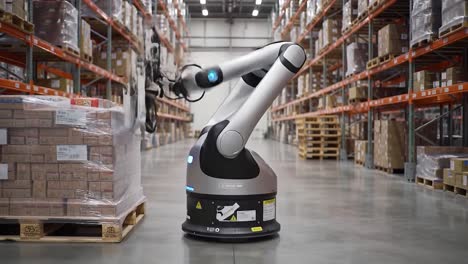advanced robotic arm operating in a warehouse environment, skillfully maneuvering and handling pallets of goods with precision and efficiency