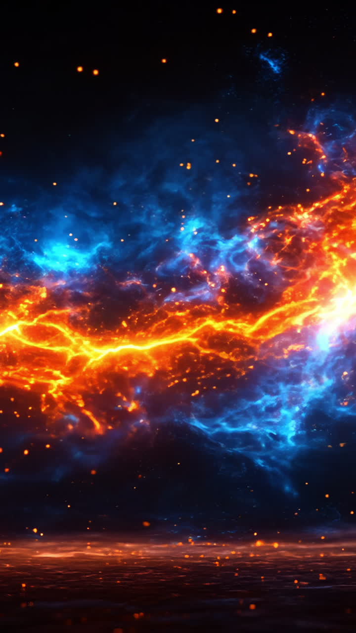 A bright blue and orange line of electricity is lit up and floating in the air. The blue and orange line of electricity is creating a striking visual effect, with the blue