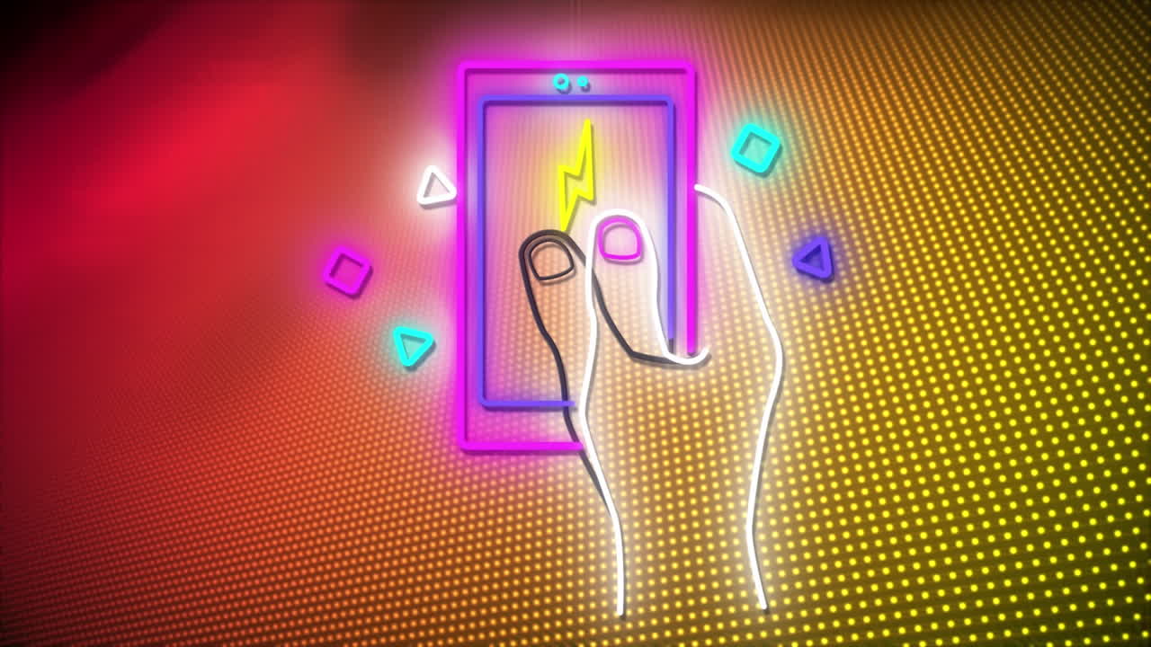 animación de un teléfono inteligente de neón sobre un fondo rojo y naranja