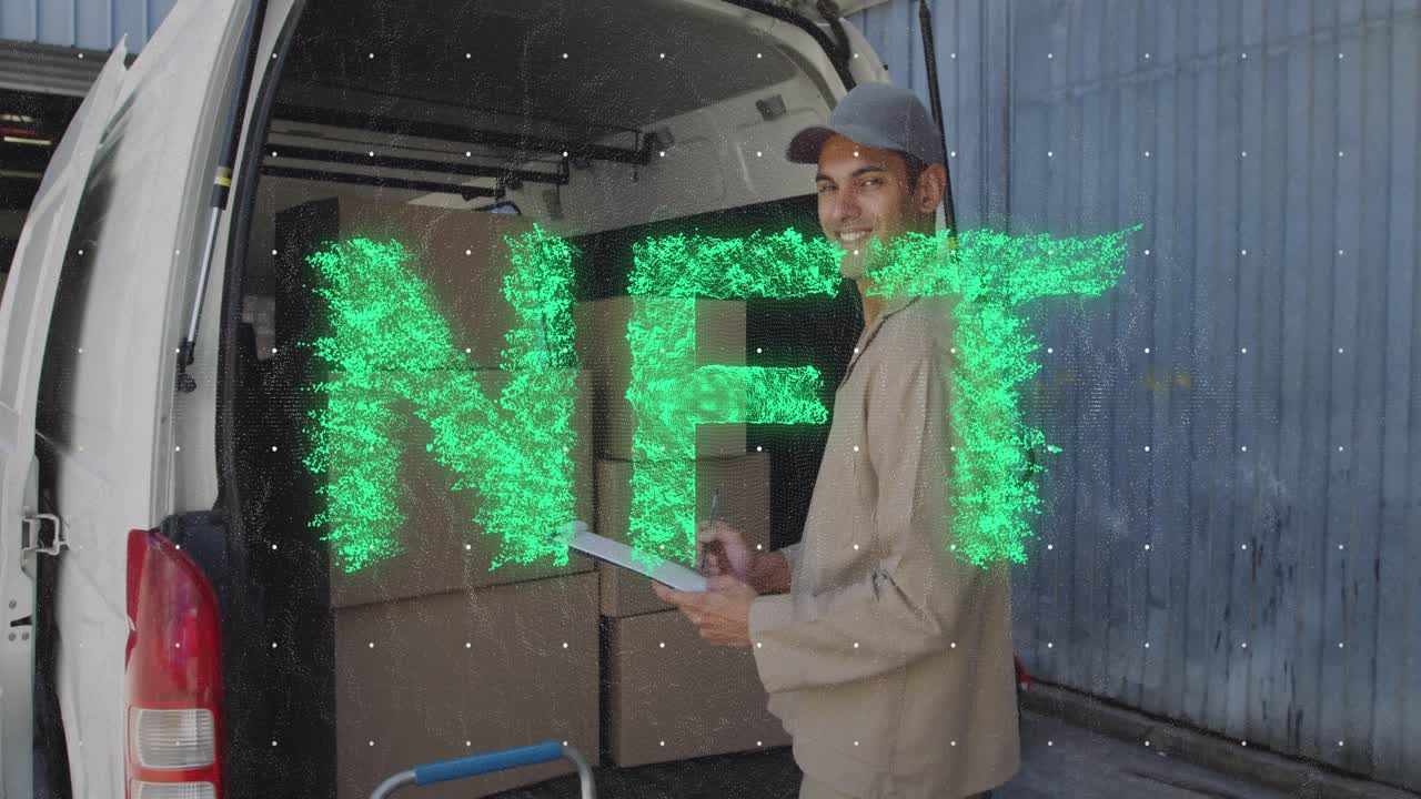 Animation af NFT-tekst og prikker over en mand med en notesblok, der står ved et køretøj fyldt med kasser.