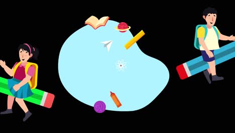 animación de alumnos en lápices escolares moviéndose sobre suministros escolares y elementos creativos de material de estudio, emocionante viaje de aprendizaje y descubrimiento que espera
