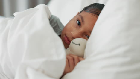 face, bed and girl with a bear