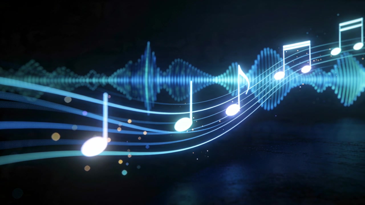 アニメーション化された光る五線譜の上を音符が滑り、暗い床に音声に合わせてティール色の波形が脈動する。