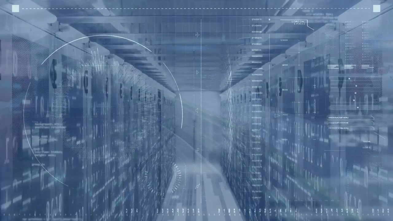 Animation of data processing with scope scanning over server room