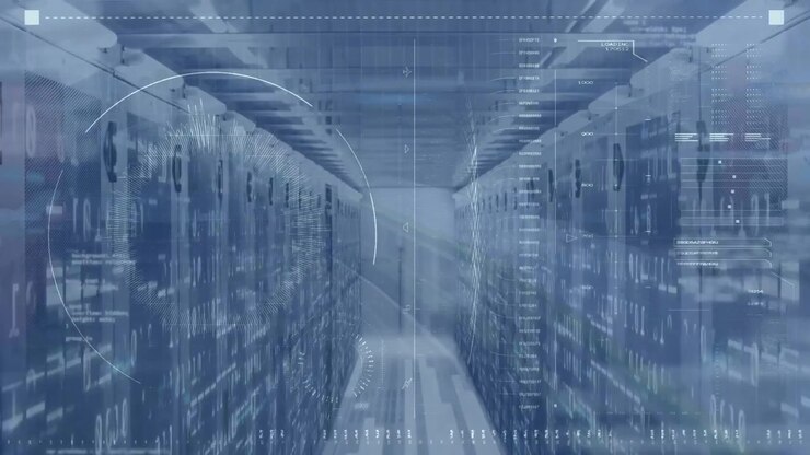 Animation of data processing with scope scanning over server room