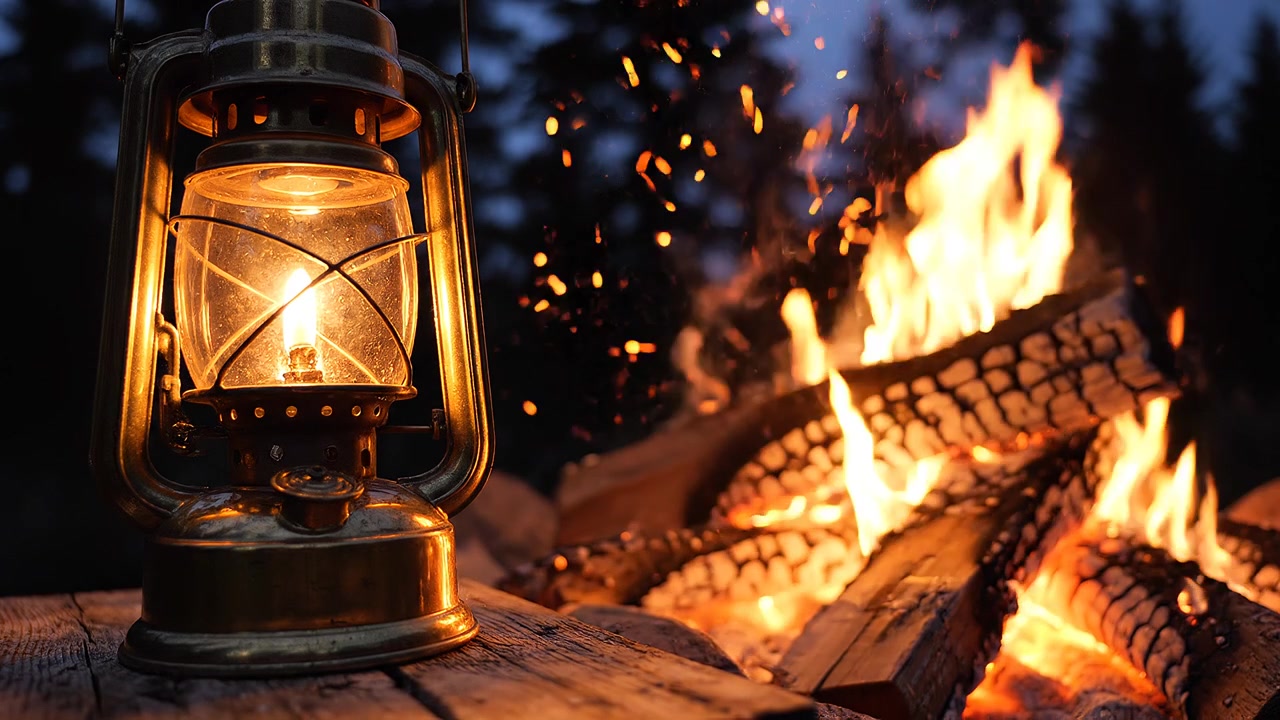 Lanterna vintage e falò caldo di notte nella foresta