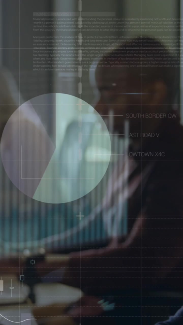Animation of infographic interface over multiracial coworkers working on desktops at office