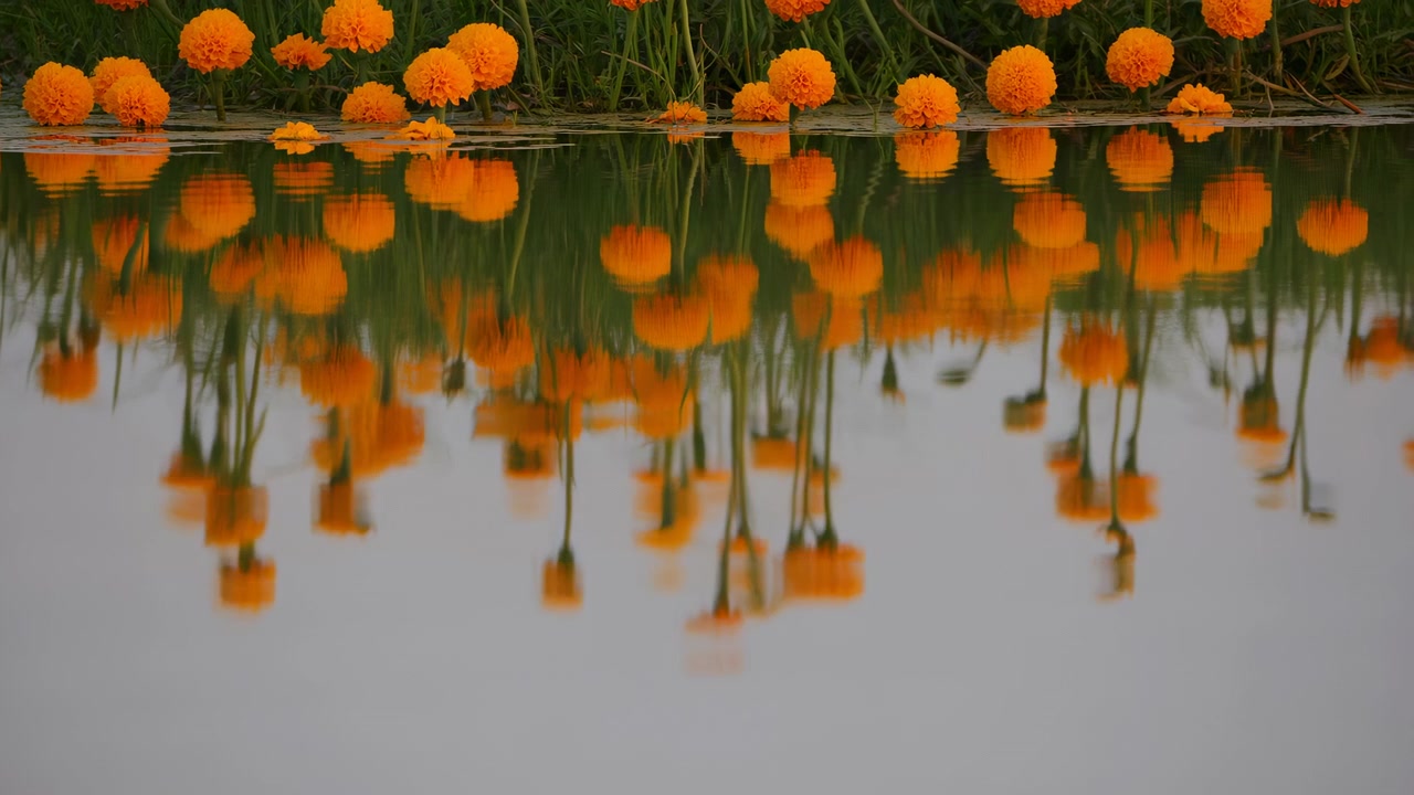 Fiori arancioni brillanti simili a calendule si ergono lungo il bordo erboso di uno stagno, mentre l'acqua increspata riflette steli e petali sottostanti, aggiungendo una leggera distorsione, un movimento calmo e un colore da giardino tranquillo.