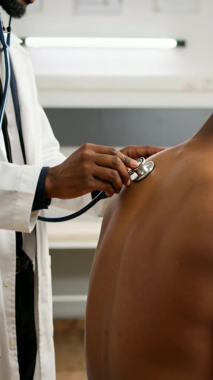 Vertical video: Placing stethoscope, doctor listening to bare back in clinic for exam, white coat