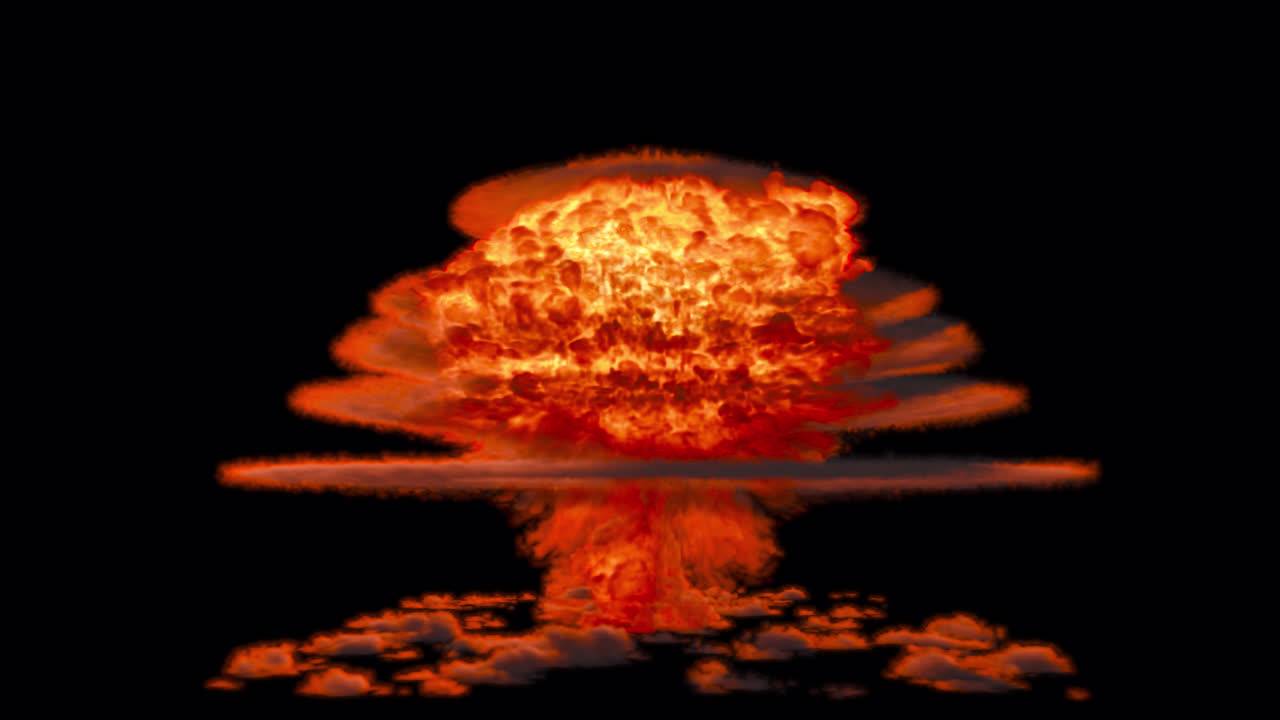 Massive nuclear explosion over clouds on transparent background