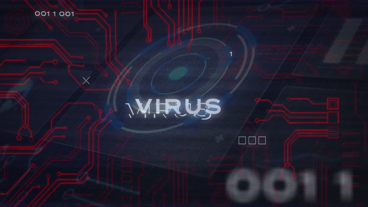 Animation of digital virus warning with red circuitry and binary code background