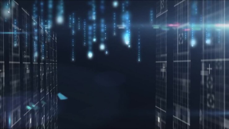 Animazione di colonne in movimento su elaborazione di dati su sfondo nero.