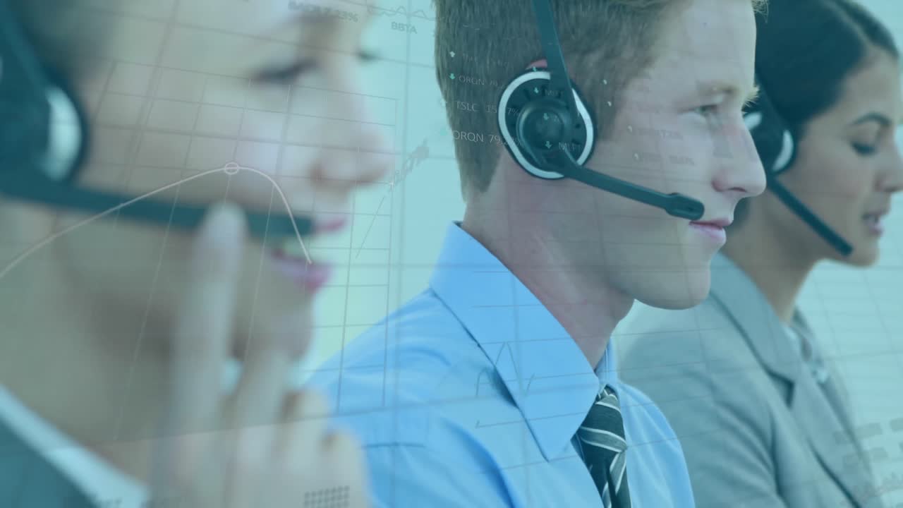 Animation of caucasian female and male consultants with headphones working in office
