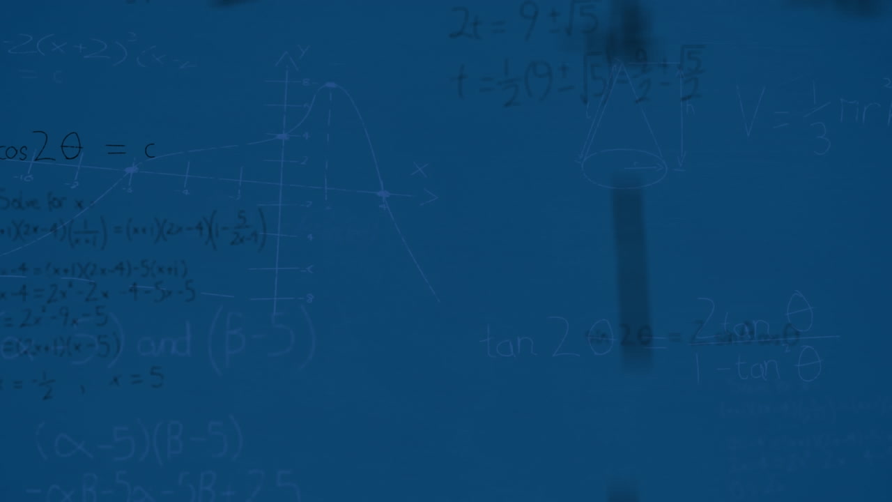 animación de ecuaciones matemáticas y diagramas flotando contra un fondo azul