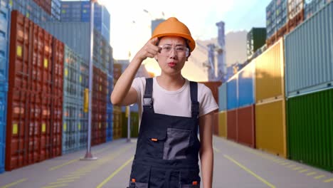 trabajadora asiática con gafas de protección y casco de seguridad gritando a la cámara mientras está de pie en el almacén del patio de contenedores