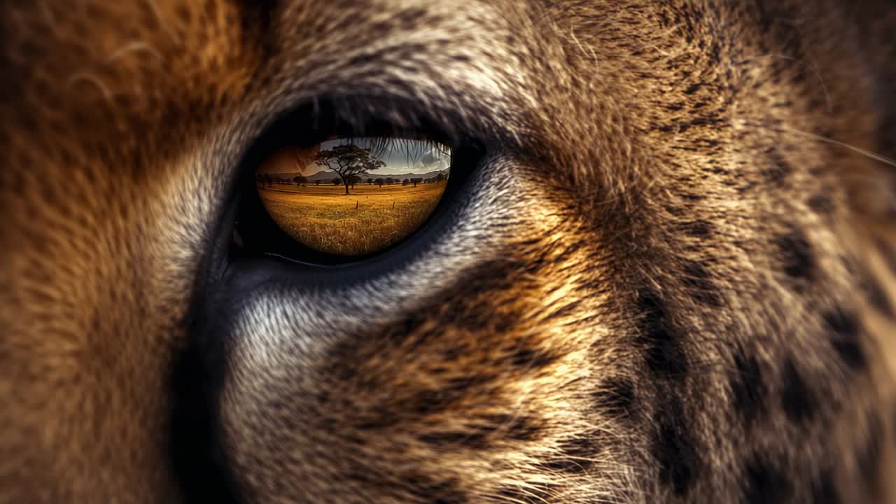 Cheetah lifting eyelid in close-up on savanna, reflecting acacia tree and grazing animals in pupil