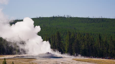 old faithful geyser eruption with spectators at yellowstone national park