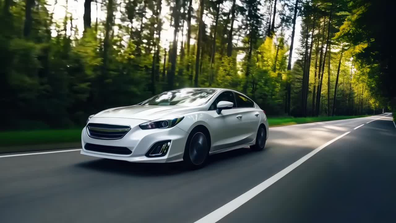 Dynamic video of a sleek car driving through a forest. Low-angle shot emphasizes speed and motion