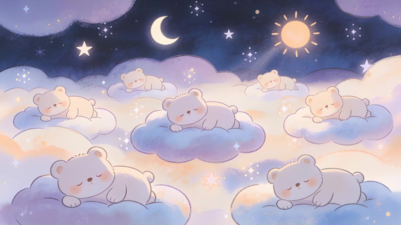 Starting animation nudging sleeping bear cubs drifting on clouds under crescent moon, creating calm