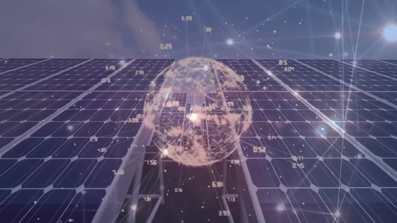 태양 전지판 위에 네트워크 및 사람 아이콘과 함께 지구의 애니메이션